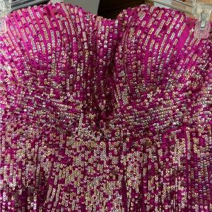 Sherri Hill Fuchsia and Gold Sequin High Low Dress